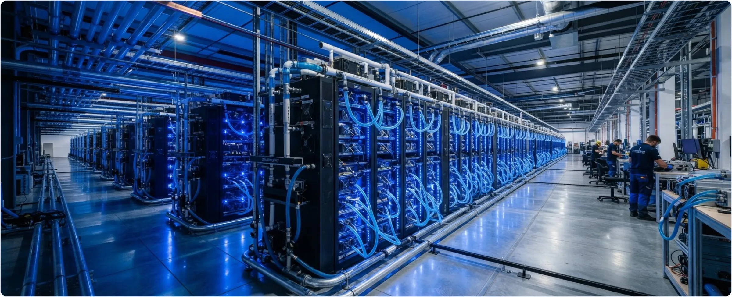 Mining hall with liquid-cooled racks