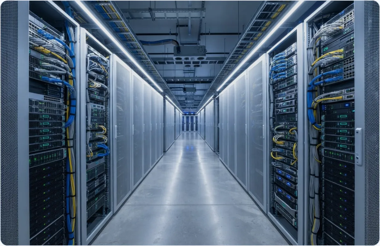 Data center aisle with server racks