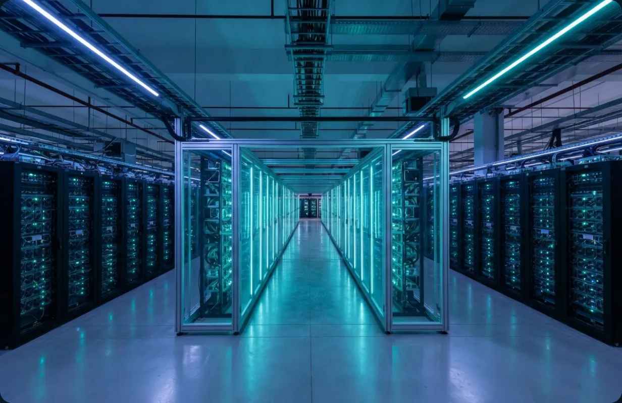 Illuminated cold aisle inside the Abu Dhabi facility