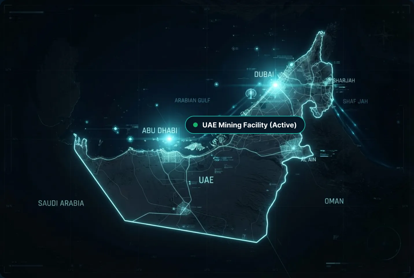 Map of the United Arab Emirates with the Quantum Hash mining facility near Abu Dhabi
